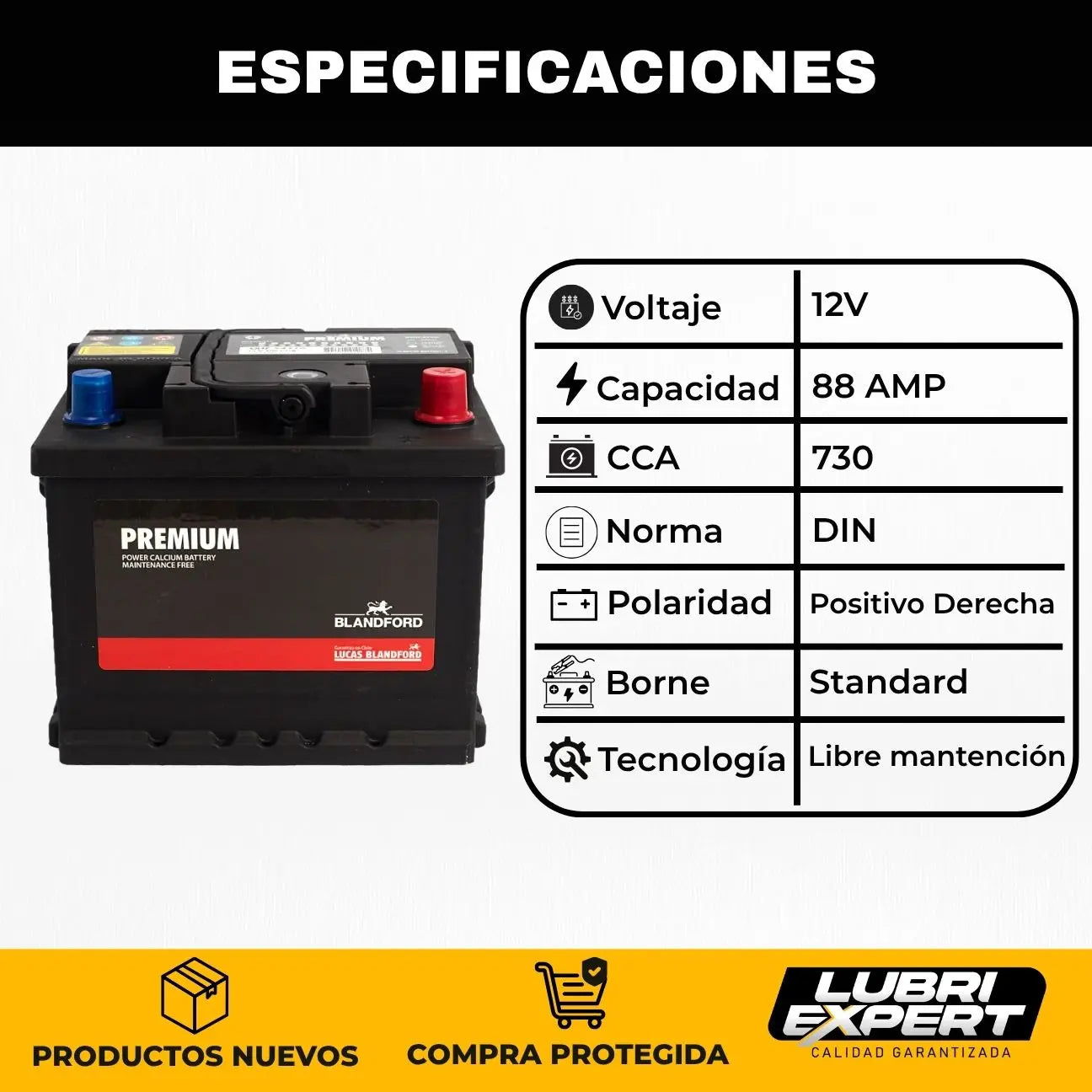 Batería Premium 12V 88 AMP 730 CCA Borne Estándar Positivo Derecha