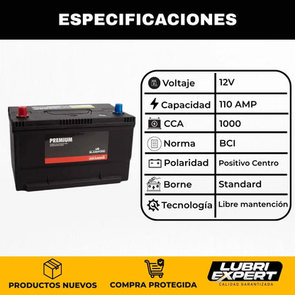 Batería Premium 12V 110 AMP 1000 CCA Borne Estándar Positivo Central