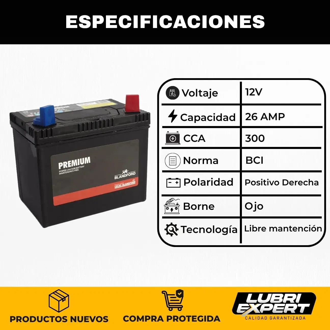 Batería Premium 12V 26 AMP 300 CCA Borne Ojo Positivo Derecha