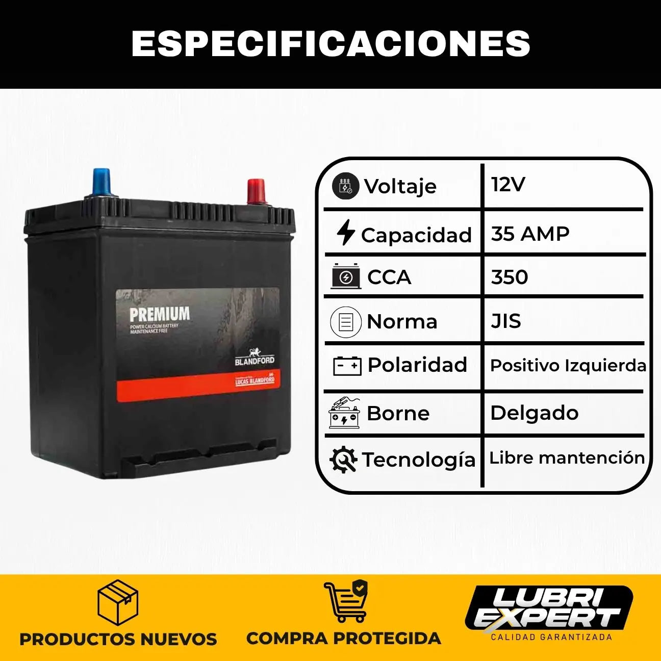 Batería Premium 12V 35 AMP 350 CCA Borne Delgado Positivo Izquierda