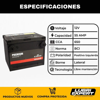 Batería Premium 12V 55 AMP 650 CCA Borne Lateral Positivo Izquierda