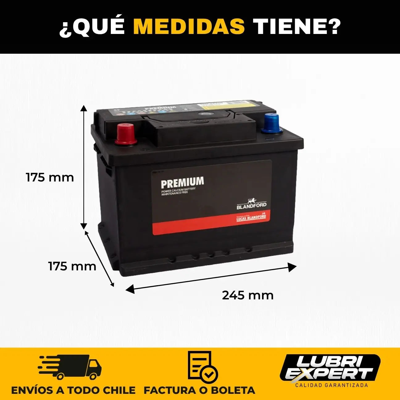 Medidas Bateria Premium 12V 55 AMP 520 CCA Borne Estandar Positivo Izquierda - www.lubriexpert.cl Chile